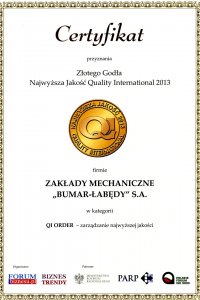 Certyfikat Złote Godło Najwyższa Jakość QUALITY INTERNATIONAL 2013